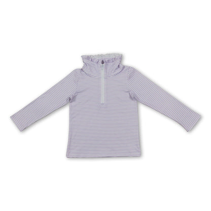 Long sleeves lavender stripe ruffle zipper girls pullover