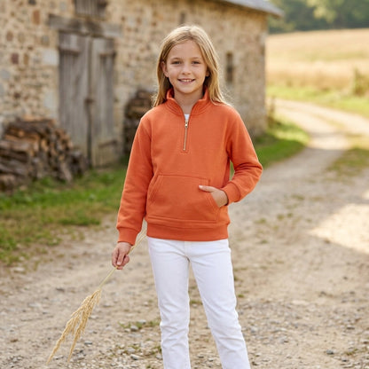 Long sleeves orange pocket zipper girls sweatshirt pullover