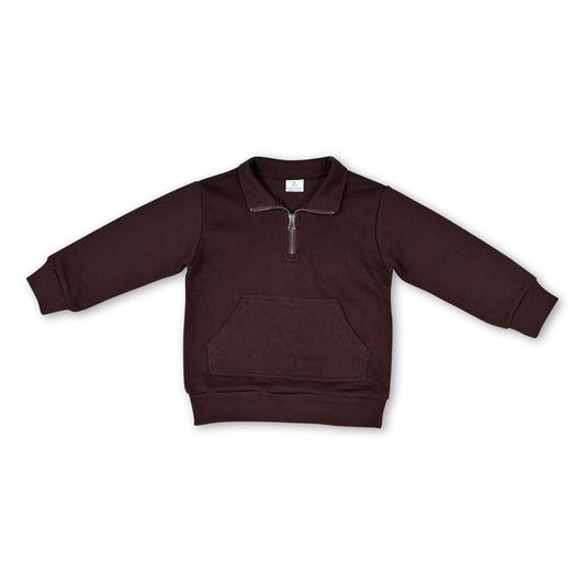 Long sleeves brown pocket zipper girls sweatshirt pullover