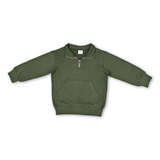 Long sleeves olive pocket zipper girls sweatshirt pullover