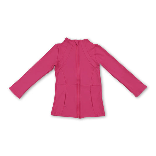 Long sleeves hot pink pocket zipper kids girls yoga top