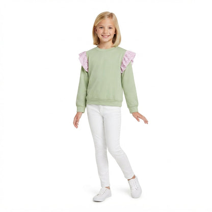 Long sleeves pink stripe green cotton kids girls fall top