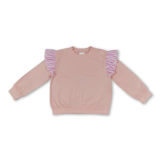 Long sleeves pink stripe peach cotton kids girls fall top