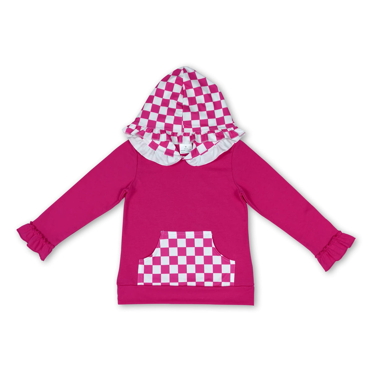 Ruffle long sleeves hot pink plaid pocket girls hoodie