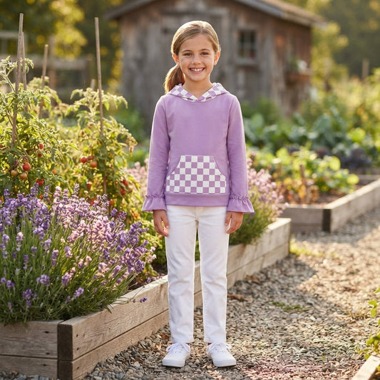 Ruffle long sleeves lavender plaid pocket girls hoodie