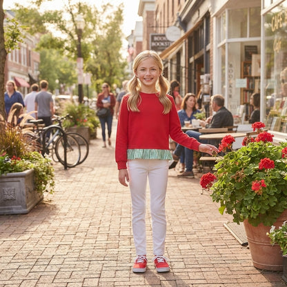 Long sleeves green stripe red cotton girls Christmas top