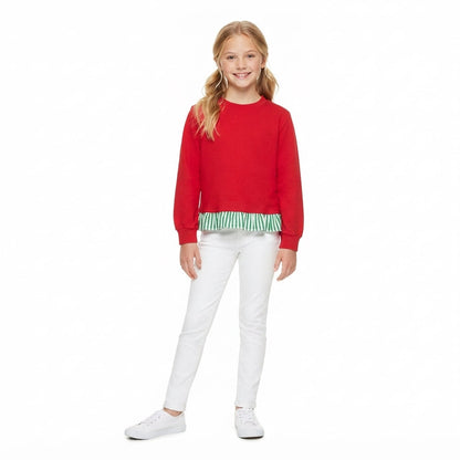 Long sleeves green stripe red cotton girls Christmas top