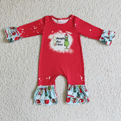 Naughty or nice green face baby girls Christmas romper