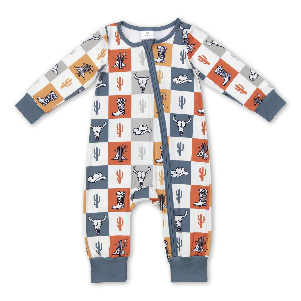 Bull skull cactus boots plaid baby western zipper romper