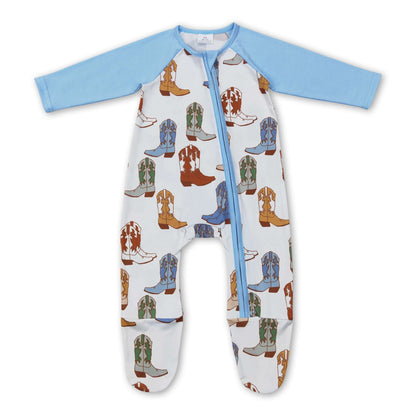 Blue ruffle boots western baby boys footed zipper coveralls