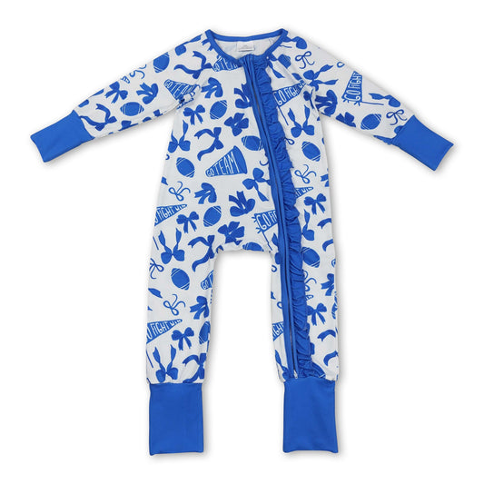 Blue football bow ruffle baby girls team zipper romper