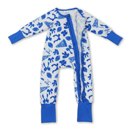 Blue football bow ruffle baby girls team zipper romper
