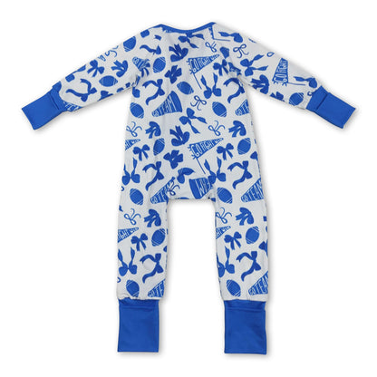 Blue football bow ruffle baby girls team zipper romper