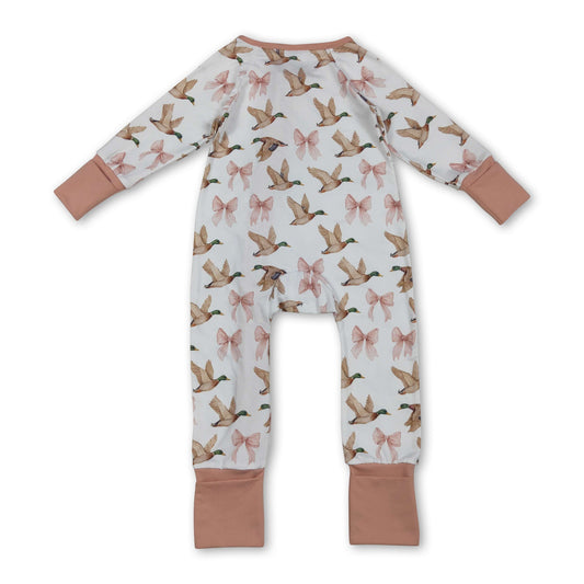 Long sleeves pink bow duck ruffle baby girls zipper romper