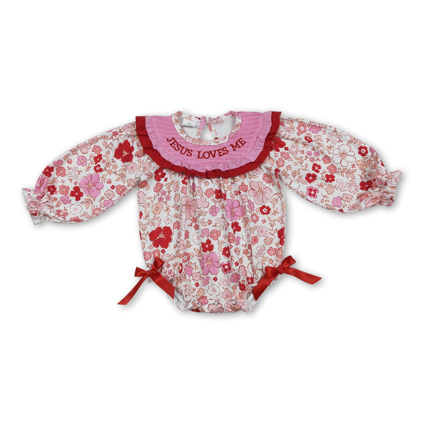 Long sleeves floral jesus loves me girls valentine's romper