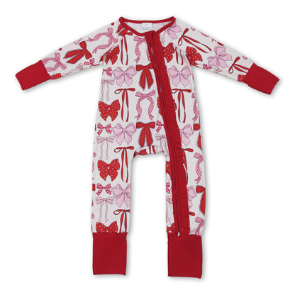 Long sleeves red pink bows baby girls zipper romper