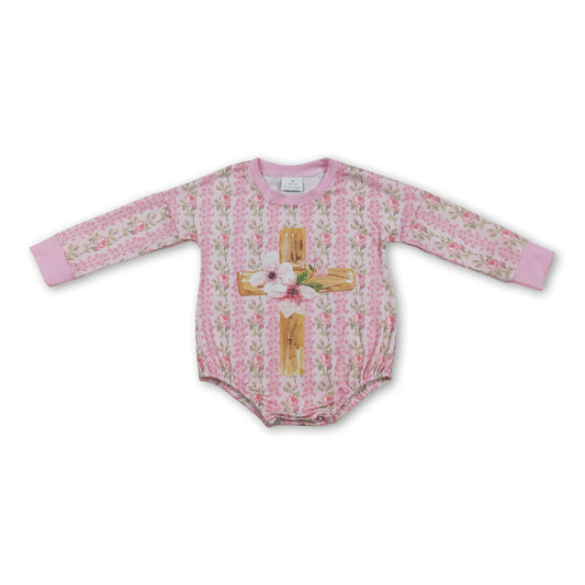 Long sleeves pink floral cross baby girls Easter romper