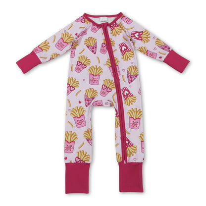 Long sleeves heart fries baby girls Valentine's zipper romper