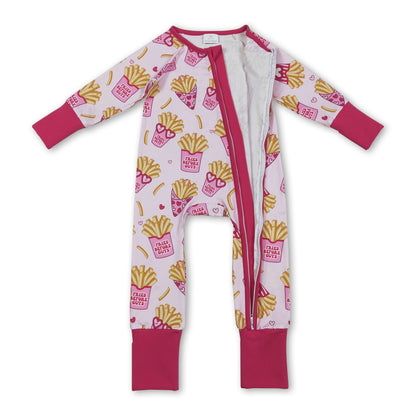 Long sleeves heart fries baby girls Valentine's zipper romper