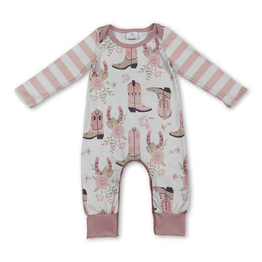 Pink stripe long sleeves boots floral baby girls romper