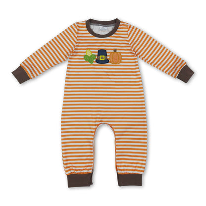 Corn pumpkin embroidery stripe baby boy fall romper