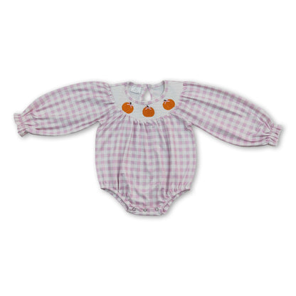 Pink plaid pumpkin smocked baby girls fall romper