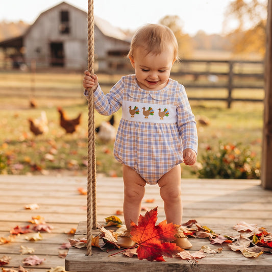 Plaid turkey embroidery girls Thanksgiving romper