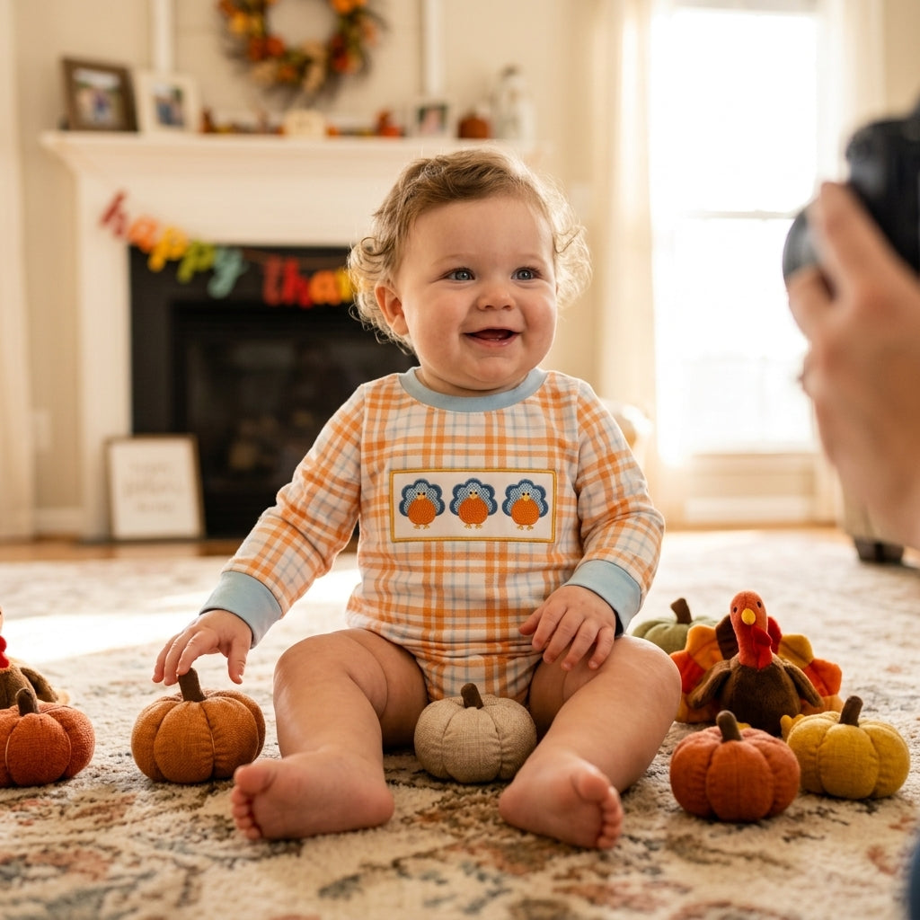 Plaid turkey pumpkin embroidery boy Thanksgiving romper
