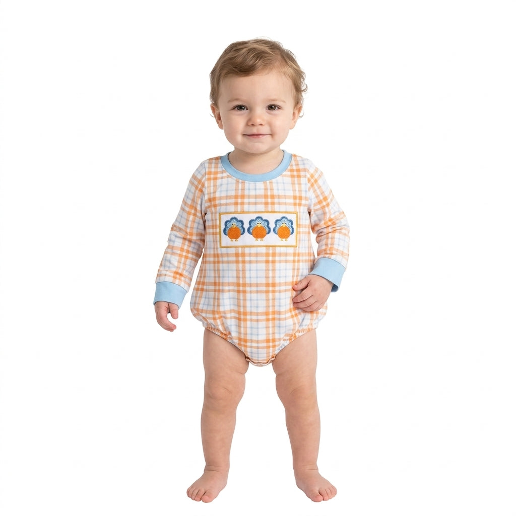 Plaid turkey pumpkin embroidery boy Thanksgiving romper