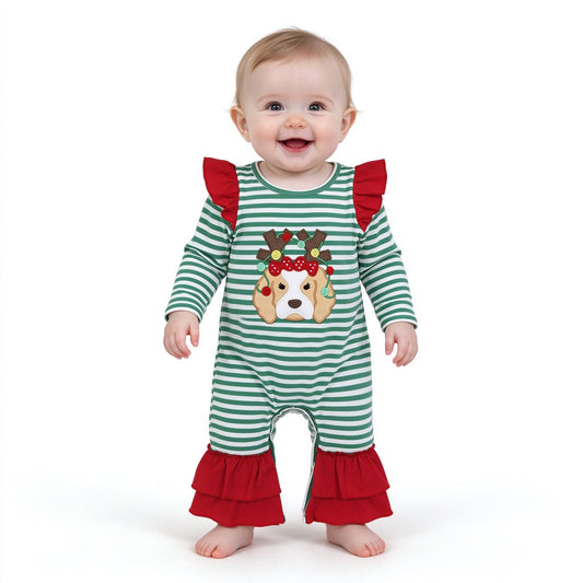 Dog Christmas lighting embroidery baby girls romper