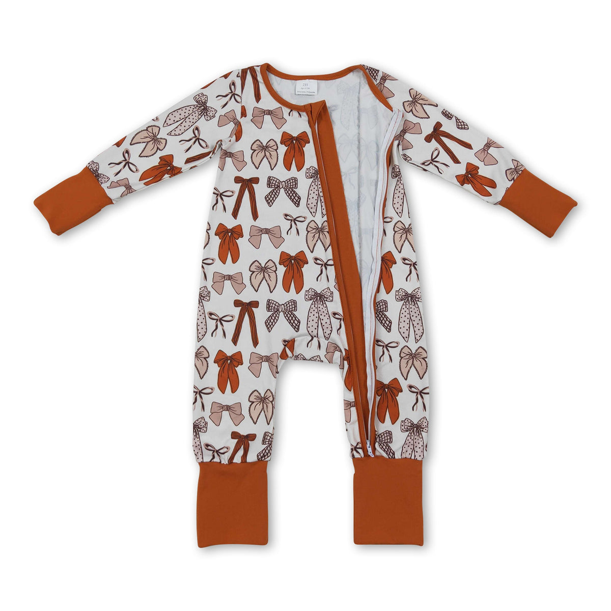 Brown bow baby girls Thanksgiving zipper romper