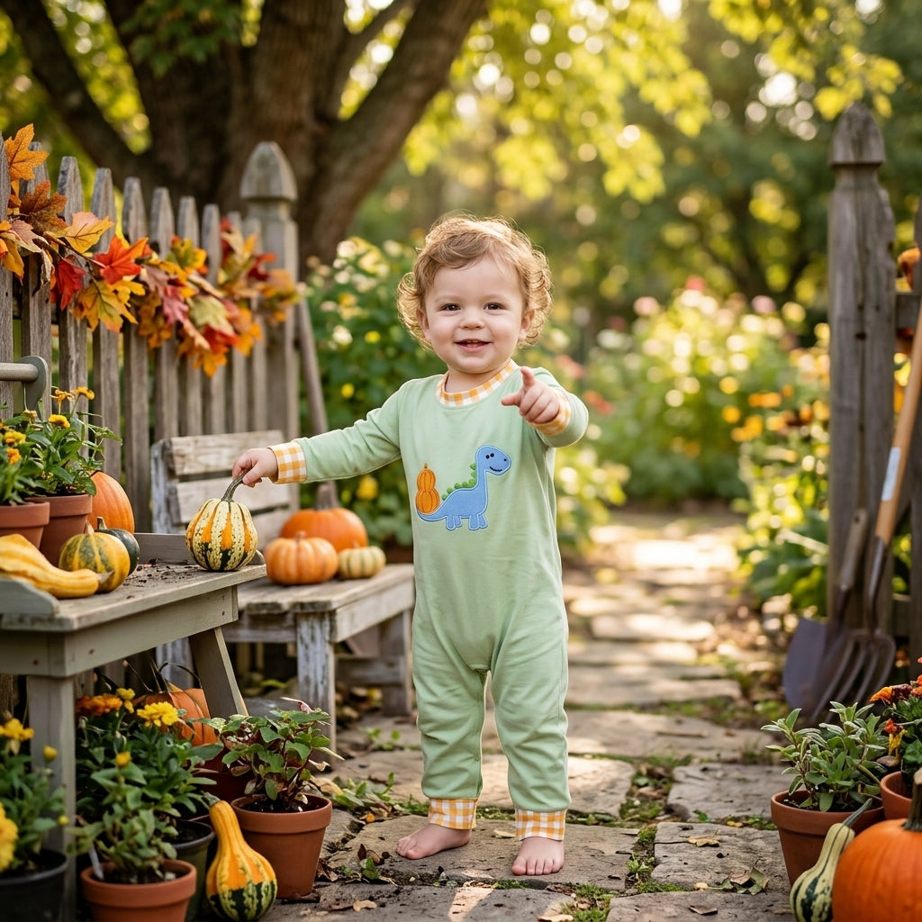 Dinosaur pumpkin embroidery baby boy fall romper