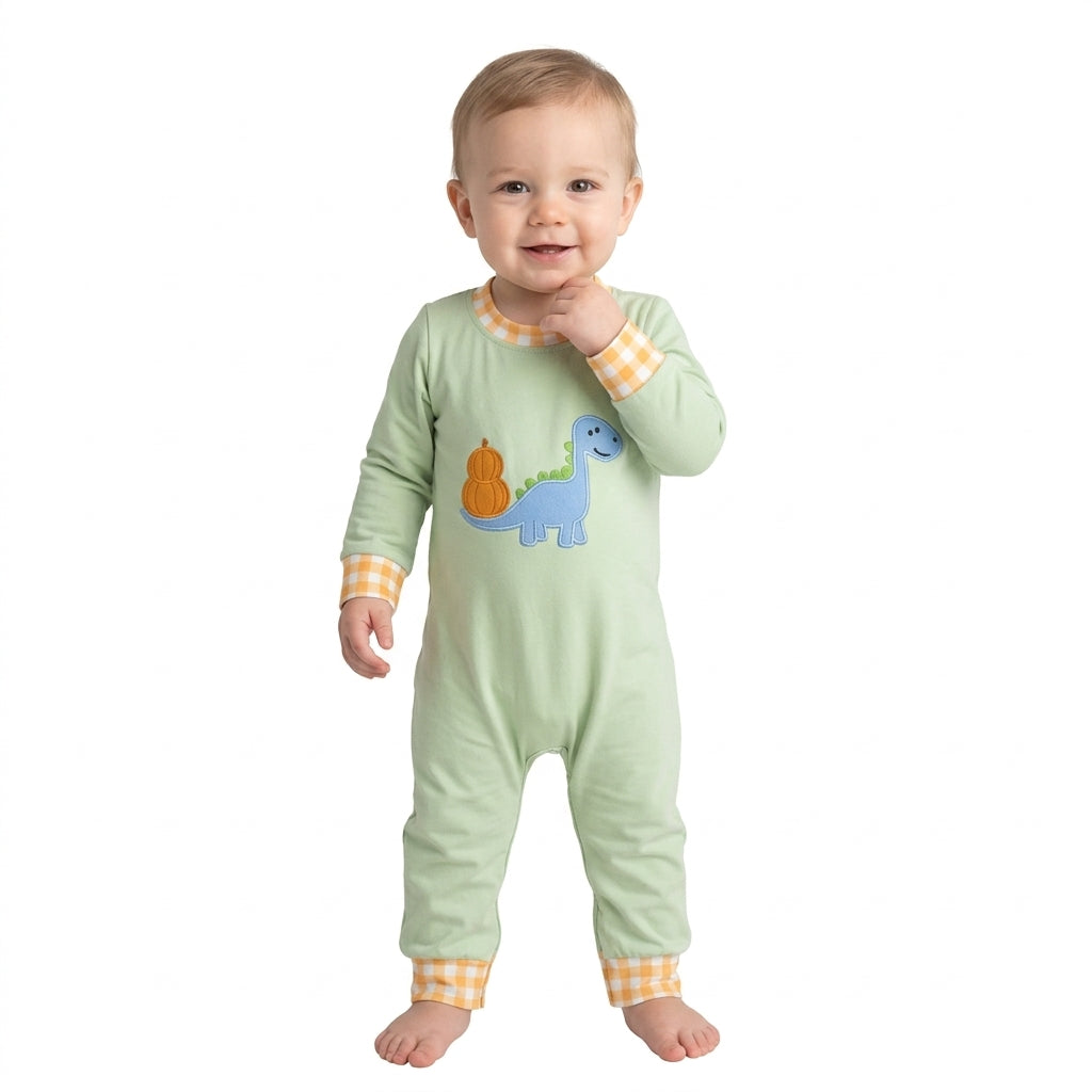 Dinosaur pumpkin embroidery baby boy fall romper