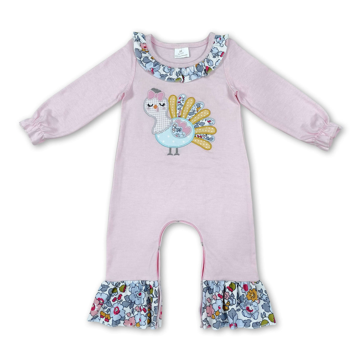 Turkey embroidery floral ruffle baby girls Thanksgiving romper