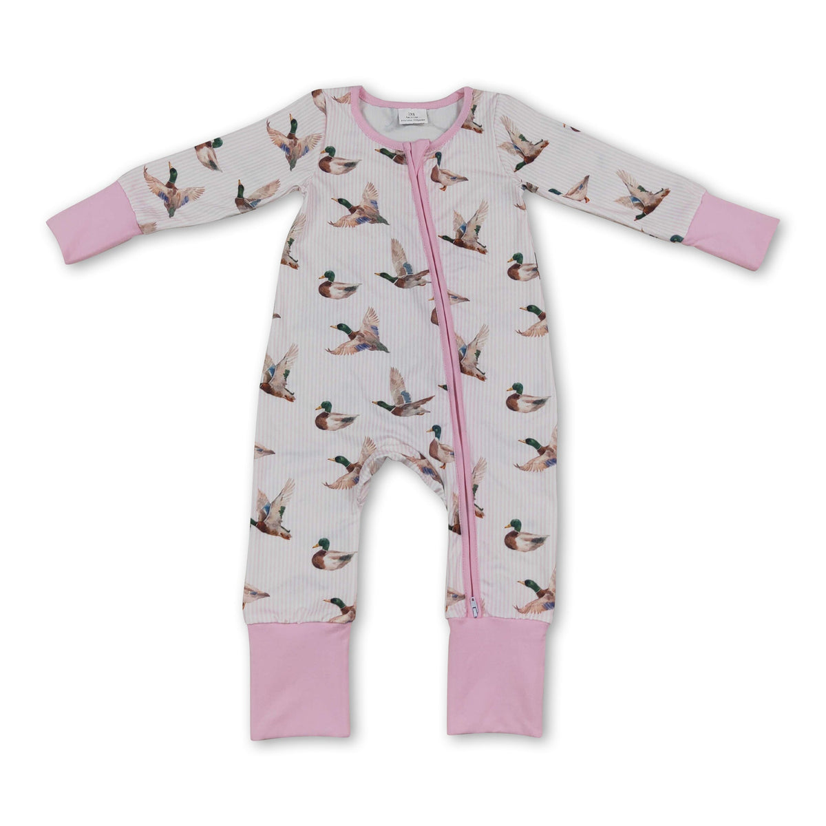 Long sleeves pink stripe duck baby girl zipper romper
