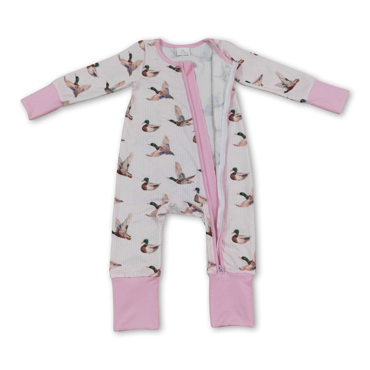 Long sleeves pink stripe duck baby girl zipper romper