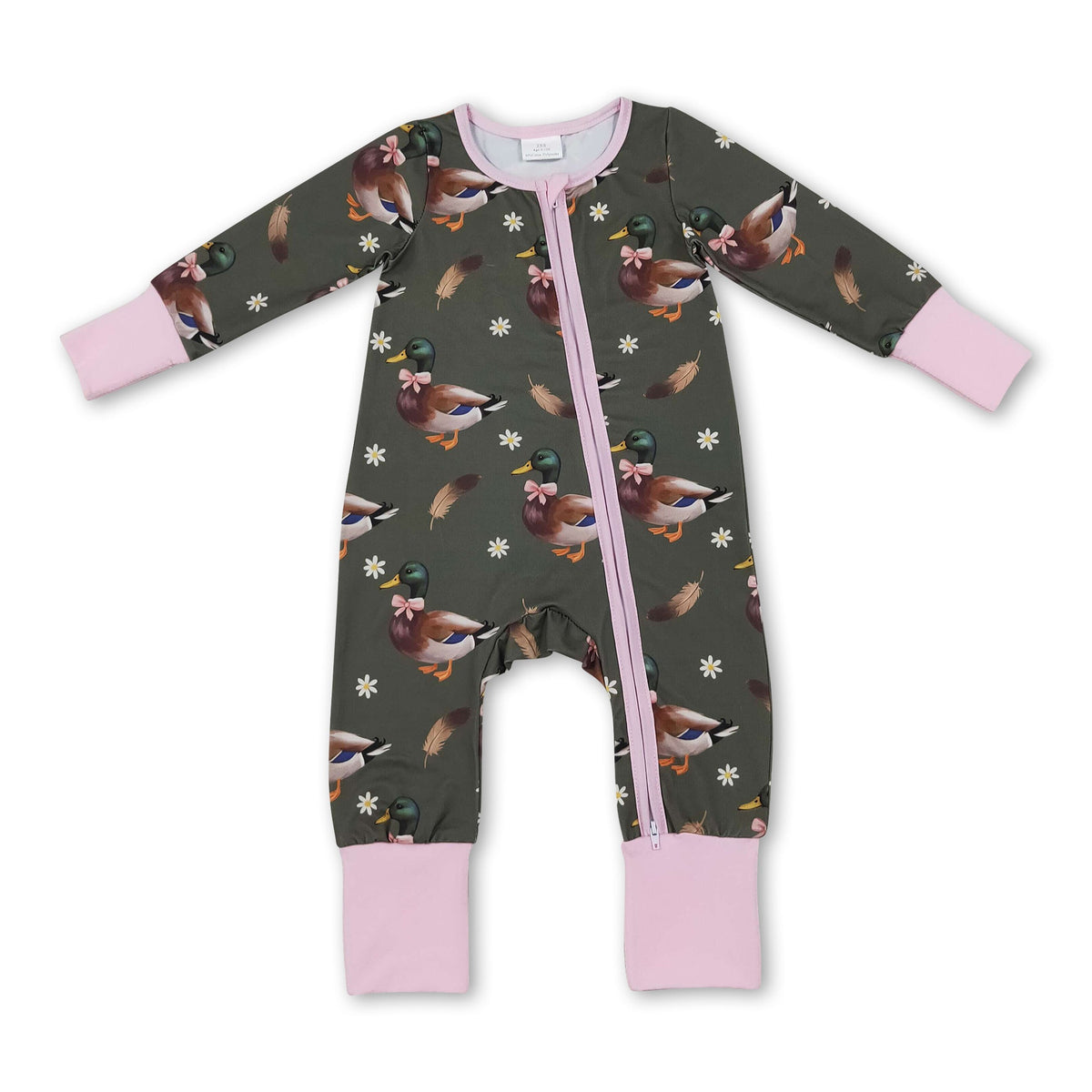 Pink long sleeves duck bow floral baby girls zipper romper