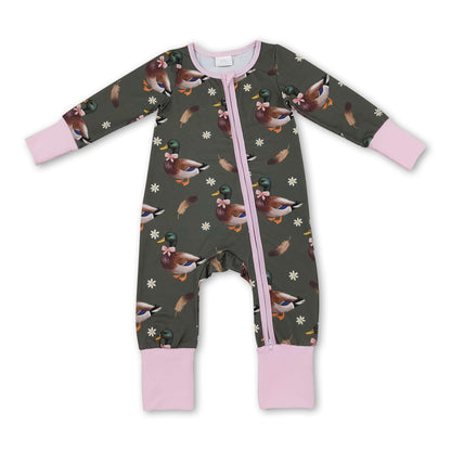 Pink long sleeves duck bow floral baby girls zipper romper