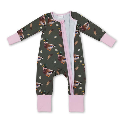 Pink long sleeves duck bow floral baby girls zipper romper