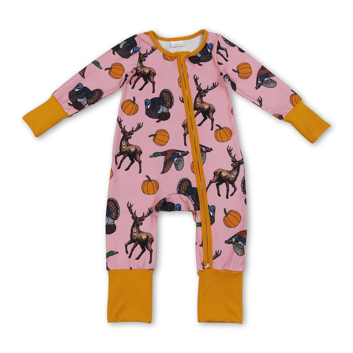 Duck deer turkey pumpkin baby girl fall zipper romper