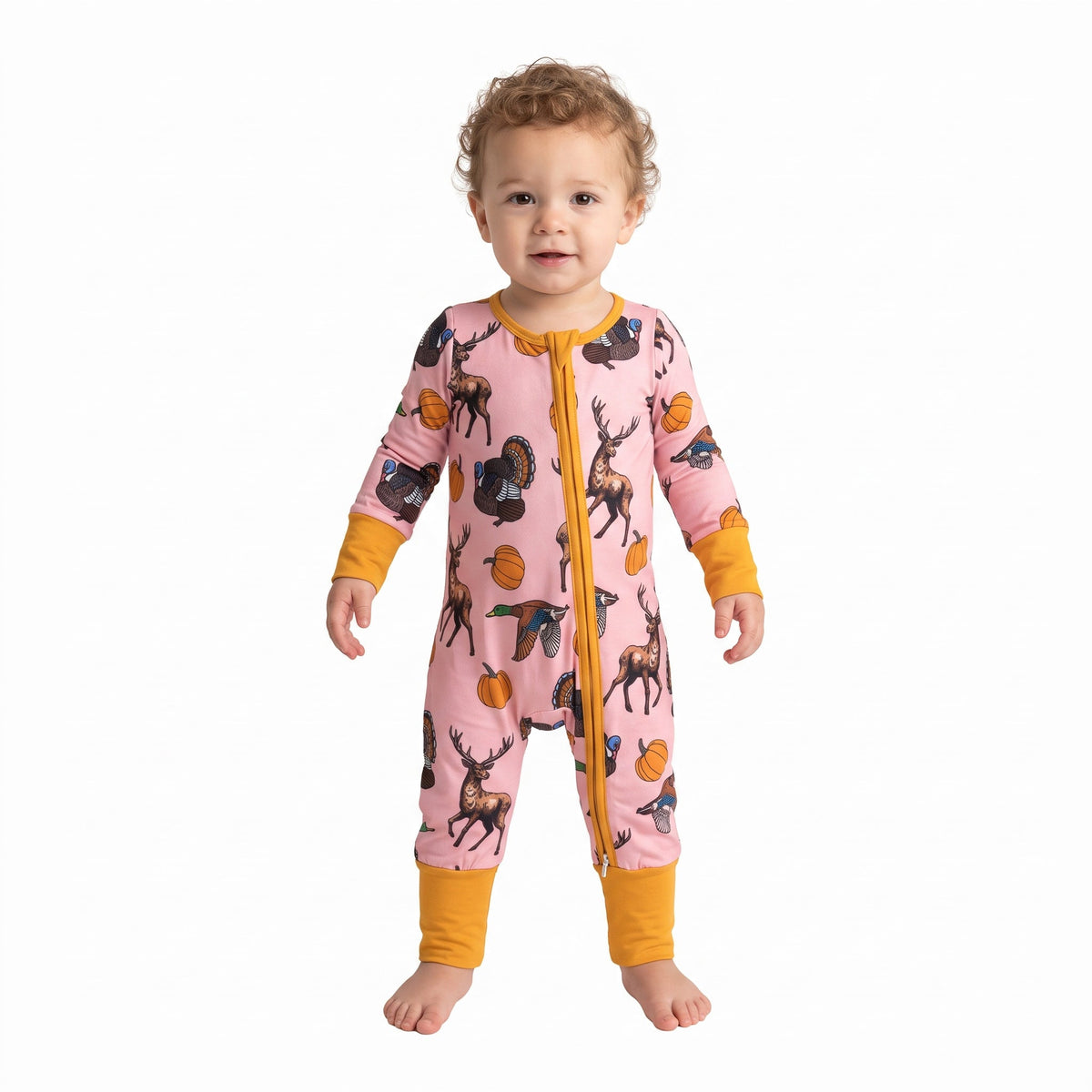 Duck deer turkey pumpkin baby girl fall zipper romper