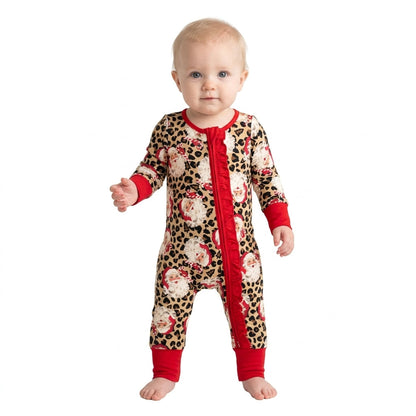 Long sleeves leopard santa baby Christmas zipper romper