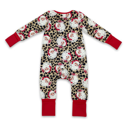 Long sleeves leopard santa baby Christmas zipper romper