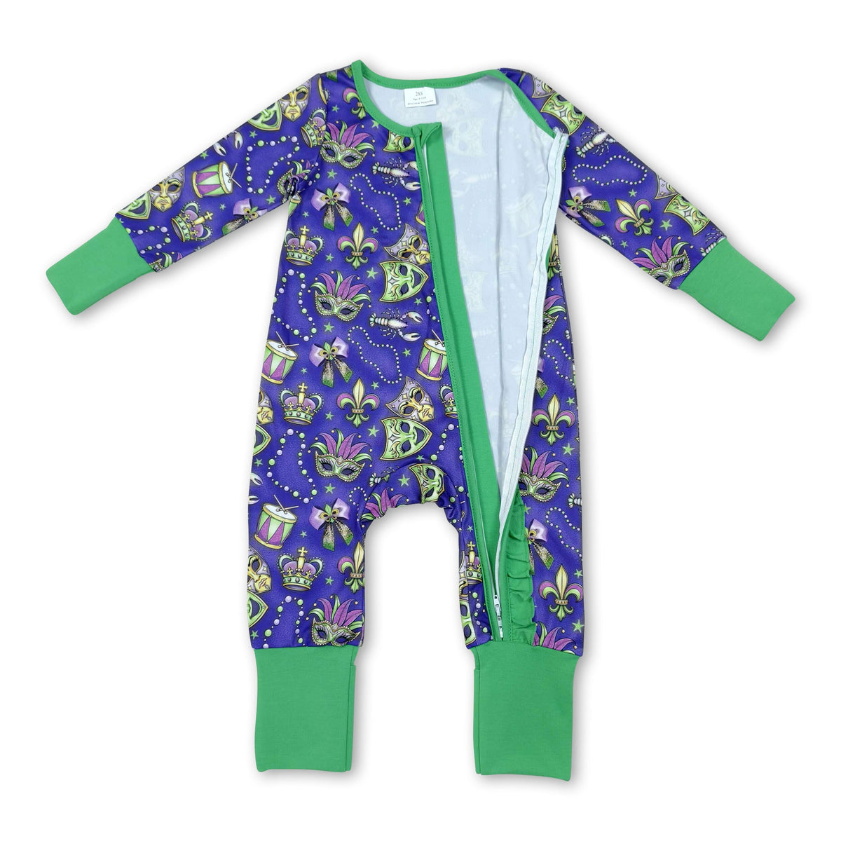 Necklace bow ruffle baby girls Mardi Gras zipper romper