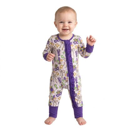 Plaid bow crawfish baby girls Mardi Gras zipper romper
