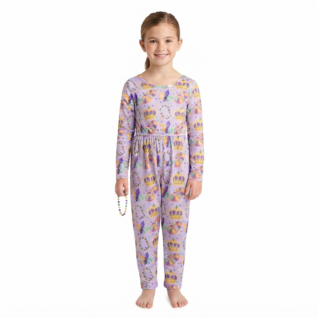 Long sleeves crown donut girls Mardi Gras jumpsuit