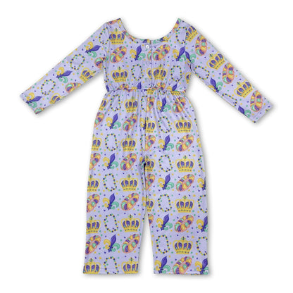 Long sleeves crown donut girls Mardi Gras jumpsuit