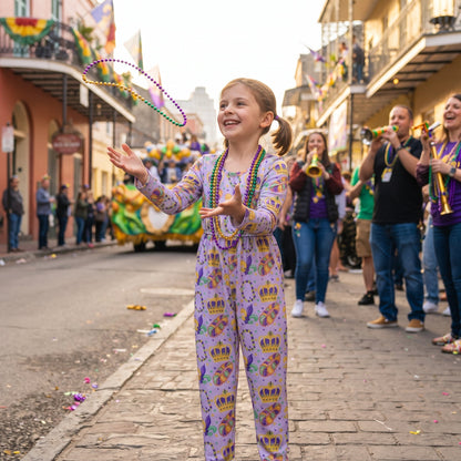 Long sleeves crown donut girls Mardi Gras jumpsuit