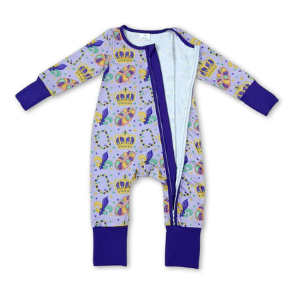 Purple ruffle crown donut girls Mardi Gras zipper romper