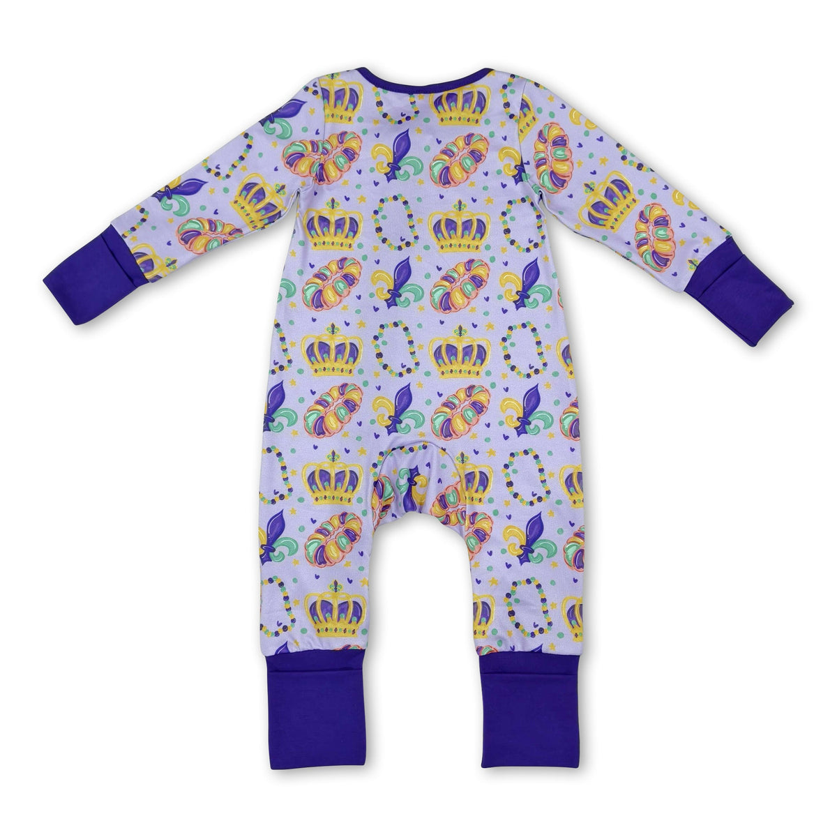 Purple ruffle crown donut girls Mardi Gras zipper romper